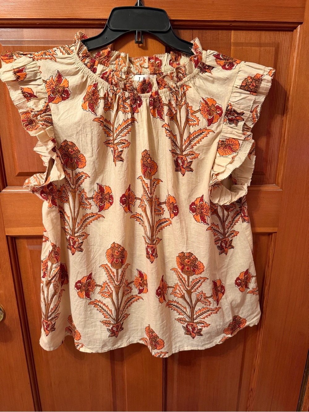 THML Cream Floral Ruffle Sleeve Blouse with Orange Print Size Large